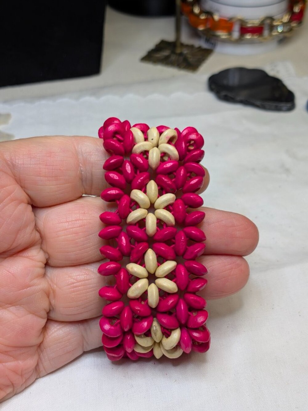 Fuchsia and Cream Wooden Floral Stretch Bracelet